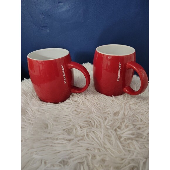Starbucks Deep Red White Lettering Logo Trademark Coffee Tea Mug Cup Set Of 2 - Picture 1 of 7